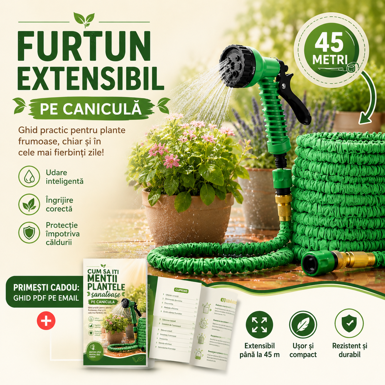 Furtun Extensibil pentru Gradina 45 METRI + GHID PDF „Cum să îți menții plantele sănătoase pe caniculă”