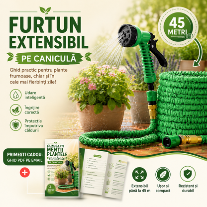 Furtun Extensibil pentru Gradina 45 METRI + GHID PDF „Cum să îți menții plantele sănătoase pe caniculă”